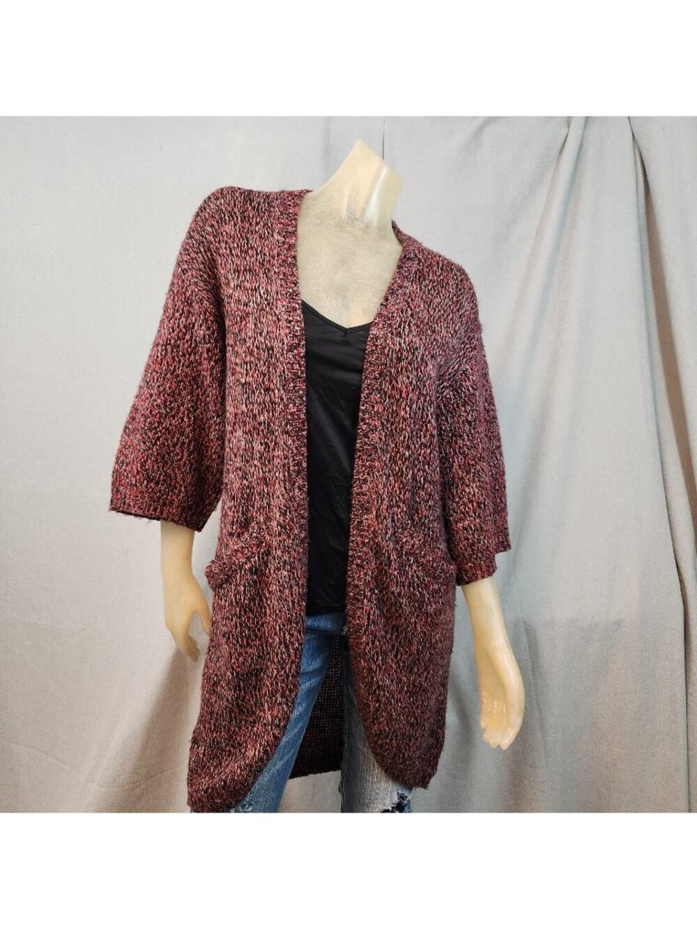 H&M Red Black White Pepper 3/4 Sleeve Oversize Cardigan Sweater SMALL Pockets